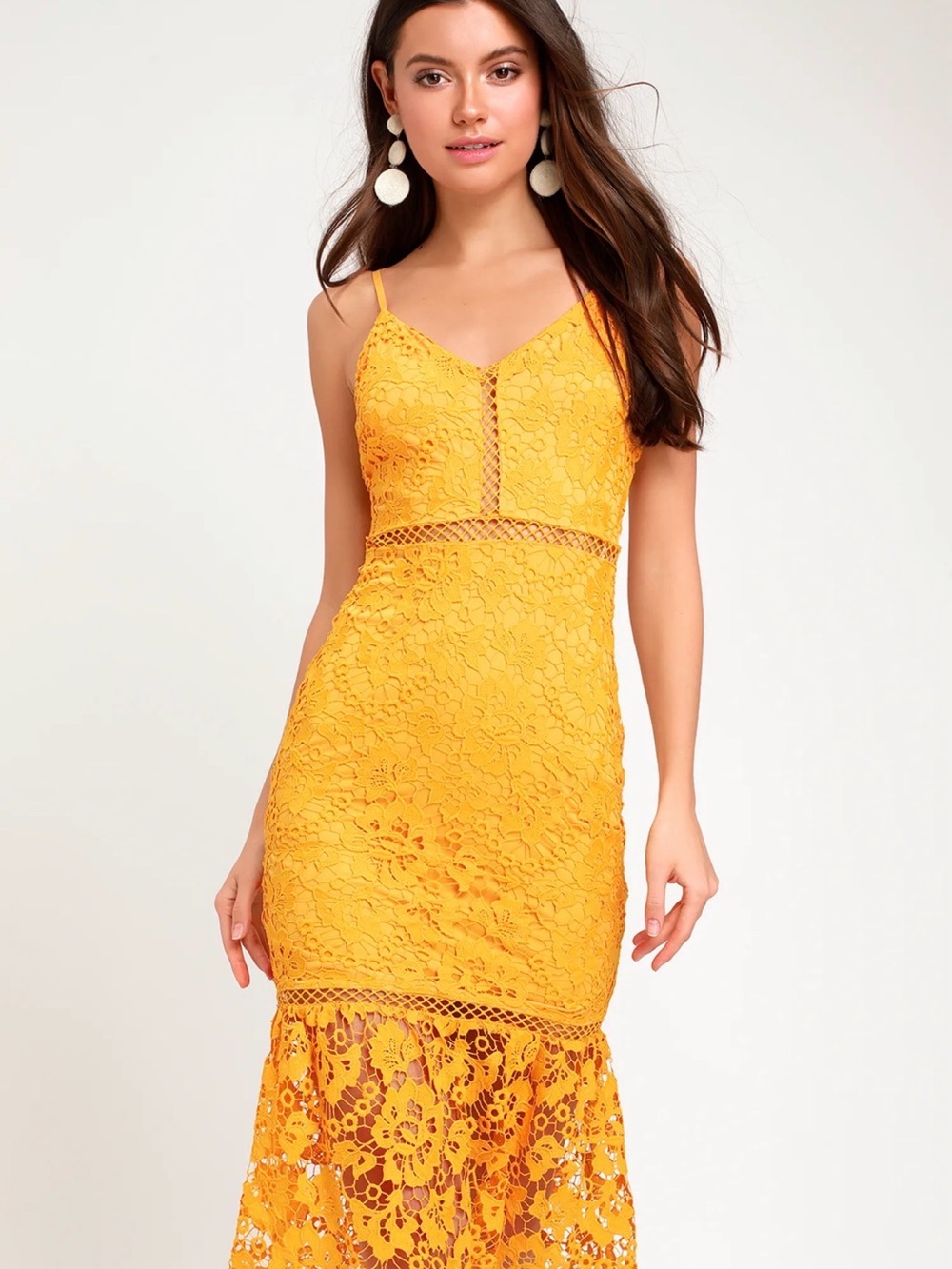 Lulus Taliah Golden Yellow Lace Midi Dress